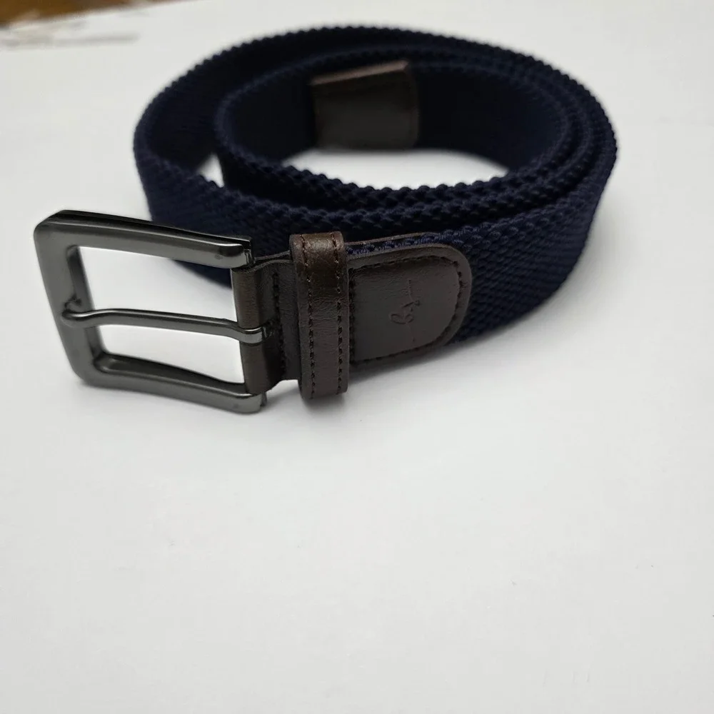 Boston Scott Men's Navy Stretchy Belt Brown Leather Trim Gunmetal Buckle Size 40